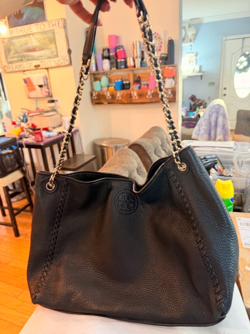 Tory Burch Pebbled Leather Crossbody with Embossed Logo - Black